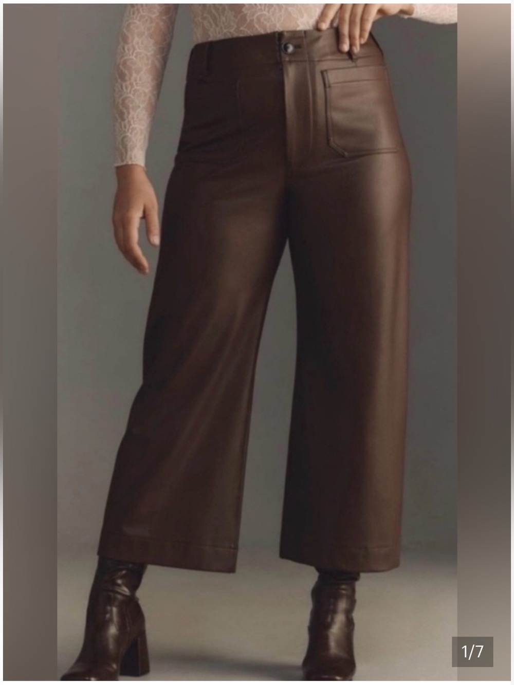 Anthropologie Maeve Colette Faux-Leather Wide-Leg Crop Pants in Chocolate Brown